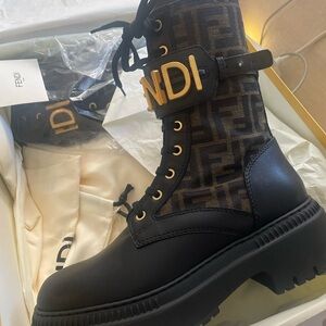 Fendi Black and Brown Logo Lace-Up Boots